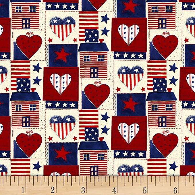 Americana Heart Patch Multi  Cotton Fabric