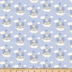 Elephants on Clouds Blue Comfy Flannel Fabric