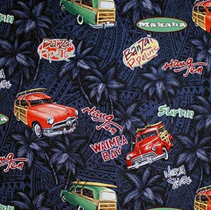 Classic Cars Woody Wagon Blue Cotton Fabric