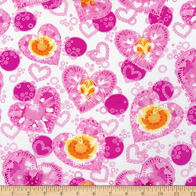 My Valentine Watercolor Hearts on White Pink/White Cotton Fabric