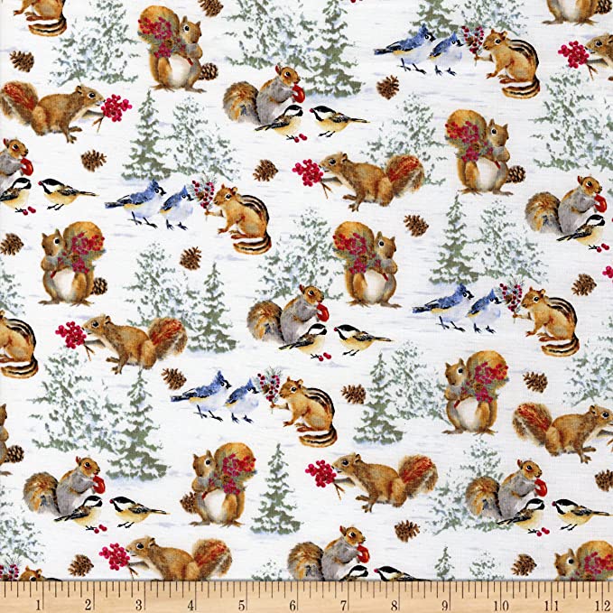 Welcome Winter Squirrels & Birds Cotton Fabric