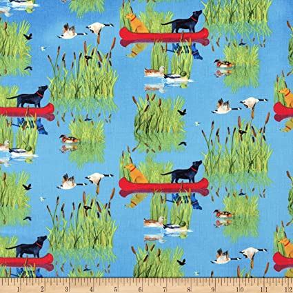 Dockside Canoes and Dogs Cotton Fabric