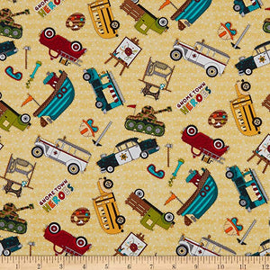 Gnome Town Heroes Tossed Vehicles Yellow Cotton Fabric