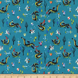 Little Brier Rose 44/45"W Dragons Teal Cotton Fabric