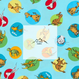 Great for any fan of Dr. Seuss. This 100% cotton fabric is perfect for quilting, apparel, and many other sewing or crafting projects. This print features Dr. Seuss characters in colored circles on a blue background.