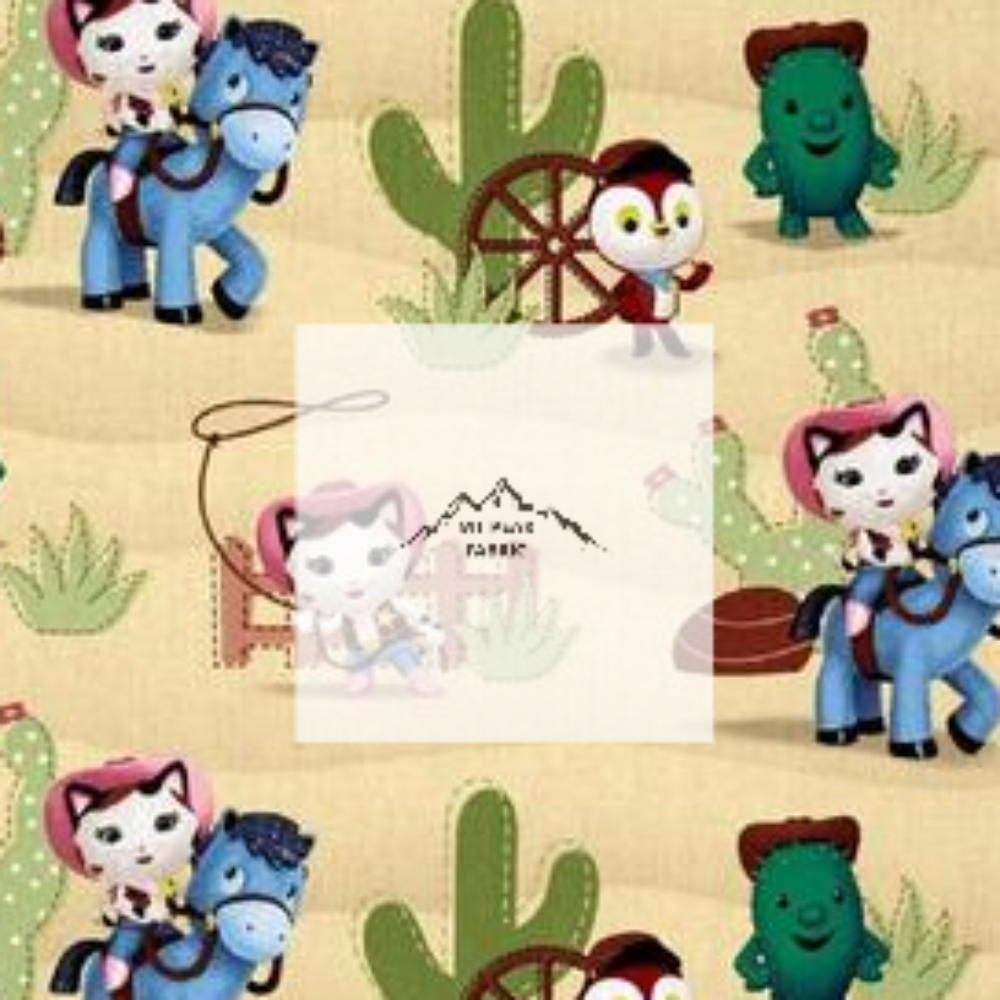 Great for any fan of Disney Jr. Sheriff Callie. This 100% cotton fabric is perfect for quilting, apparel, and many other sewing or crafting projects. This print features Sheriff Callie, Peck, and Toby. on a landscape background that has fences and cactus. Sold by the yard and half yard increments.