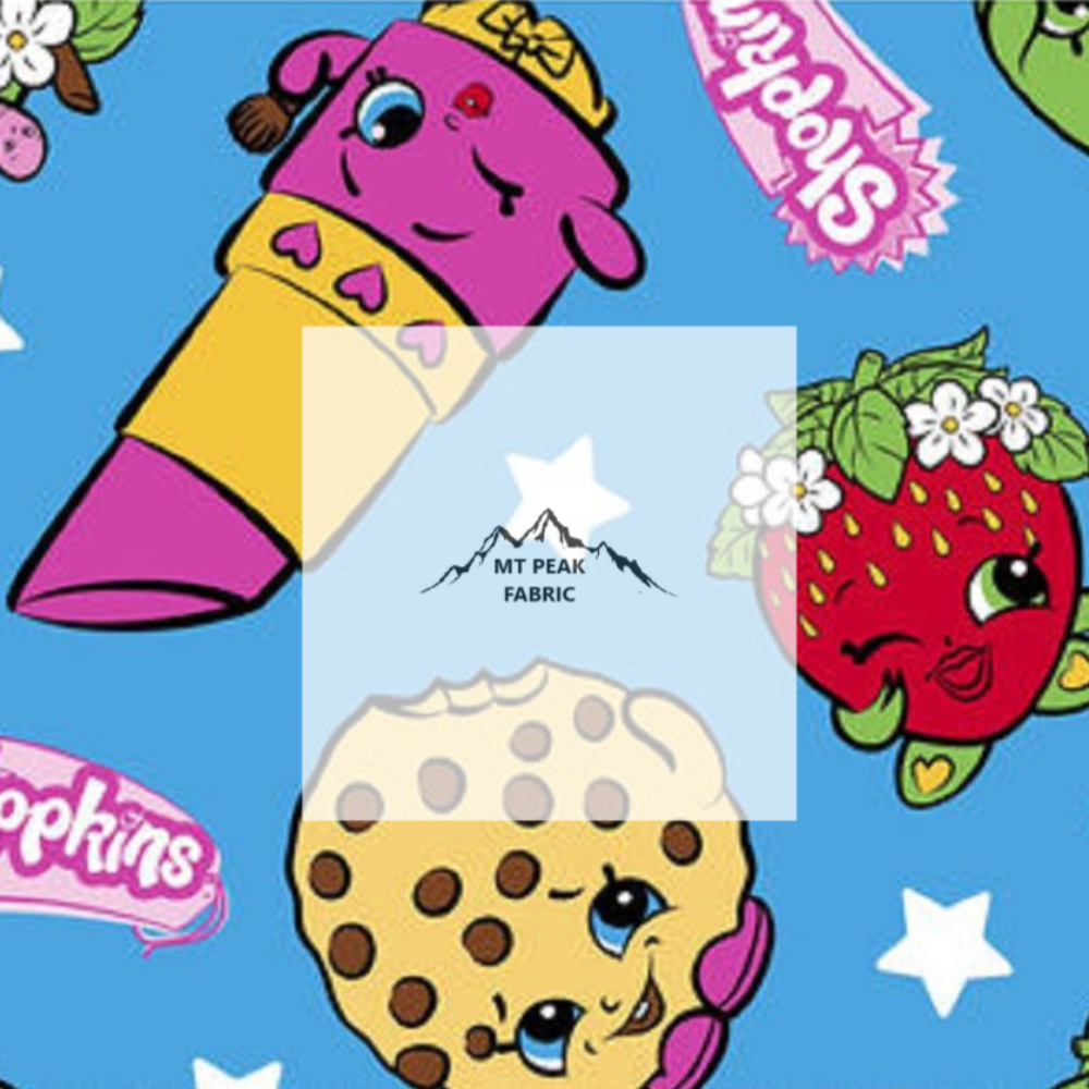 Great for any fan of the fun world of Shopkins. This 100% cotton fabric is perfect for quilting, apparel, and many other sewing or crafting projects. This print features Cookie, Lippy, and Strawberry Kiss, along with other characters on a blue background. Sold by the yard and half yard increments.