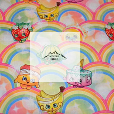 Great for any fan of the fun world of Shopkins. This 100% cotton fabric is perfect for quilting, apparel, and many other sewing or crafting projects. This print features a variety of Shopkin characters on rainbows, on a colorful pink and green background. Sold by the yard and half yard increments.