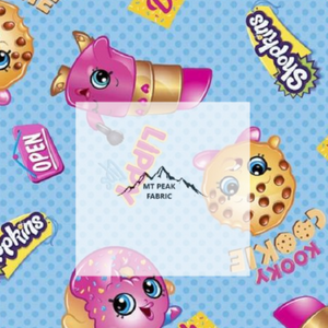 Great for any fan of the fun world of Shopkins. This 100% cotton fabric is perfect for quilting, apparel, and many other sewing or crafting projects. This print features Cookie, Lippy, and Strawberry Kiss, along with other characters on a poka dot blue background.