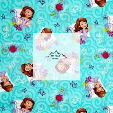 Great for any fan of Sofia from Sofia the First. This 100% cotton fabric is perfect for quilting, apparel, and many other sewing or crafting projects. This print features a Sofia and butterflies on a aqua background. Sold by the yard and half yard increments.