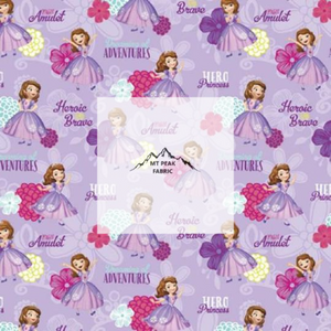 Great for any fan of Sofia from Sofia the First. This 100% cotton fabric is perfect for quilting, apparel, and many other sewing or crafting projects. This print features a Sofia and "Adventure", and "Hero Princess" with a flowery purple background. Sold by the yard and half yard increments.