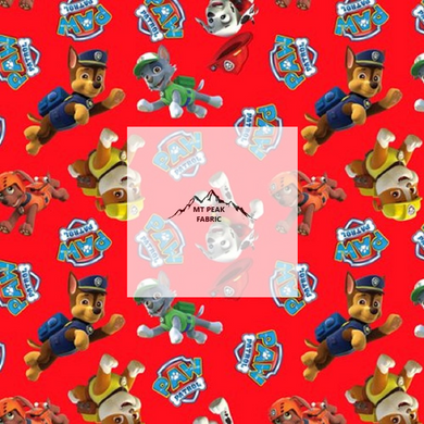 Great for any fan of Paw Patrol. This 100% cotton fabric is perfect for quilting, apparel, and many other sewing or crafting projects. This print features Chase, Marshall, Zuma, Rubble, on a red background. Sold by the yard and half yard increments.