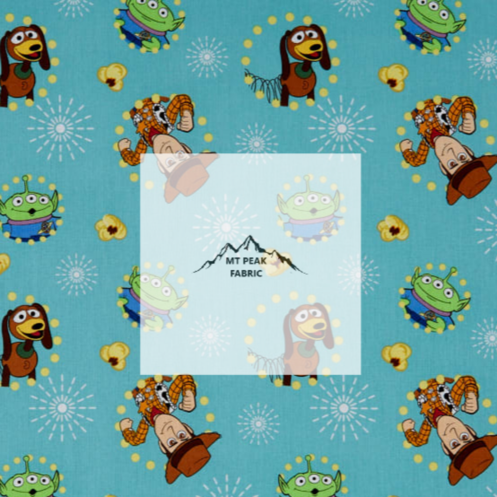 Great for any fan of Toy Story. This 100% cotton fabric is perfect for quilting, apparel, and many other sewing or crafting projects. This print features Woody, Slinky, and Aliens on blue background. Sold by the yard and half yard increments. 