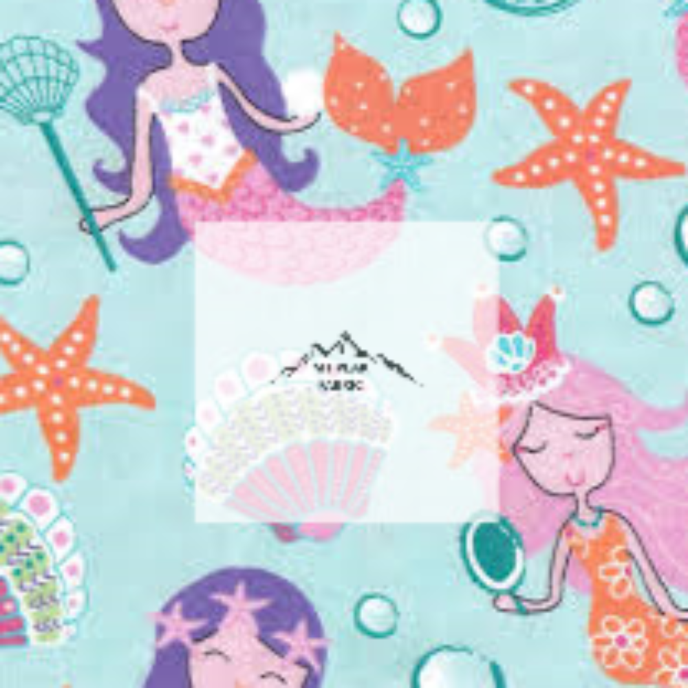 Great for any fan of Mermaids. This 100% flannel/cotton fabric is perfect for quilting, apparel, and many other sewing or crafting projects. This print features mermaids, ocean life, and bubbles on a blue background. Sold by the yard and half yard increments. 