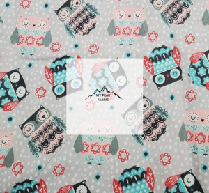 Great for any fan of Owls. This 100% flannel/cotton fabric is perfect for quilting, apparel, and many other sewing or crafting projects. This print features colorful owls on a grey background. Sold by the yard and half yard increments.