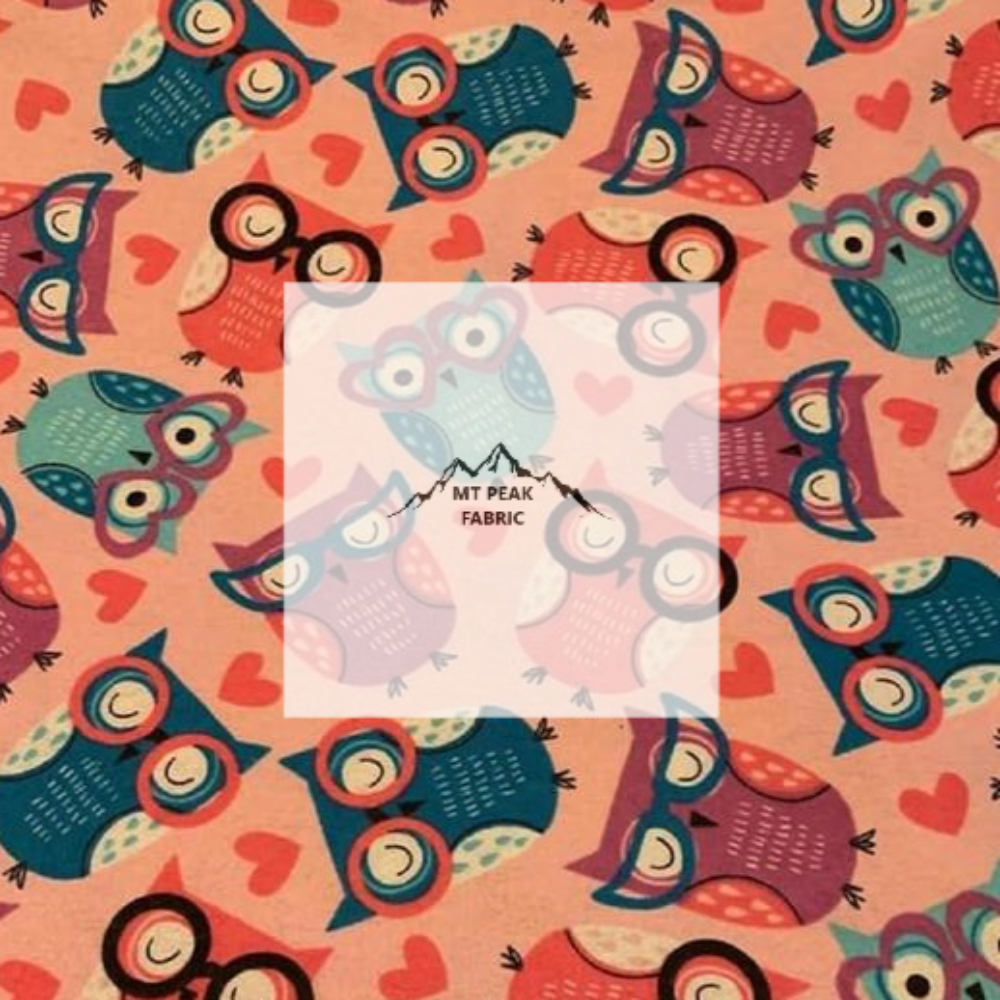 Great for any fan of Owls. This 100% flannel/cotton fabric is perfect for quilting, apparel, and many other sewing or crafting projects. This print features colorful owls in glasses and hearts on a pink background. Sold by the yard and half yard increments. 