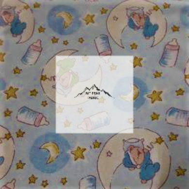 Great for any project of sleepy time theme. This 100% flannel/cotton fabric is perfect for quilting, apparel, and many other sewing or crafting projects. This print features adorable teddy bears asleep on crescent moons, stars, and baby bottle on a blue background. Sold by the yard and half yard increments. 