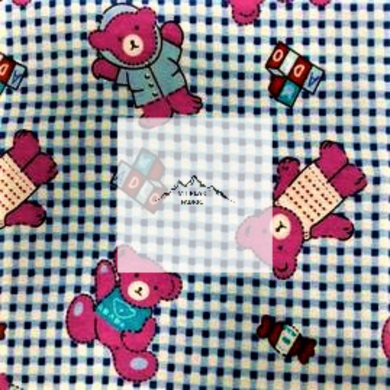 Great for any project of a teddy bear theme. This 100% flannel/cotton fabric is perfect for quilting, apparel, and many other sewing or crafting projects. This print features teddy bears and blocks on a blue and white checker background. Sold by the yard and half yard increments. 