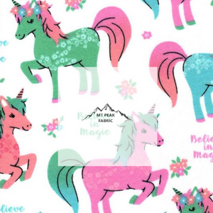 Great for any fan of unicorns. This 100% flannel/cotton fabric is perfect for quilting, apparel, and many other sewing or crafting projects. This print features colorful unicorns, "Believe in Magic" on a white background. Sold by the yard and half yard increments. 