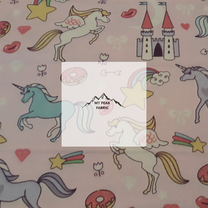 Great for any fan of unicorns. This 100% flannel/cotton fabric is perfect for quilting, apparel, and many other sewing or crafting projects. This print features unicorns, castles, rainbows, and a variety of desserts on a pink background. Sold by the yard and half yard increments. 