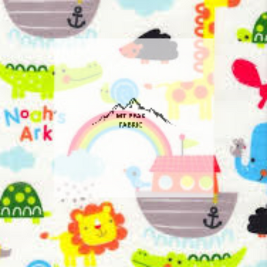 Great for anyone who loves the story of Noah's Ark. This 100% flannel/cotton fabric is perfect for quilting, apparel, and many other sewing or crafting projects. This print features variety of animals and arks on a white background. Sold by the yard and half yard increments.