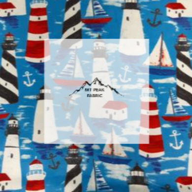 Great for anyone who loves lighthouses. This 100% flannel/cotton fabric is perfect for quilting, apparel, and many other sewing or crafting projects. This print features lighthouses on a blue background. Sold by the yard and half yard increments.