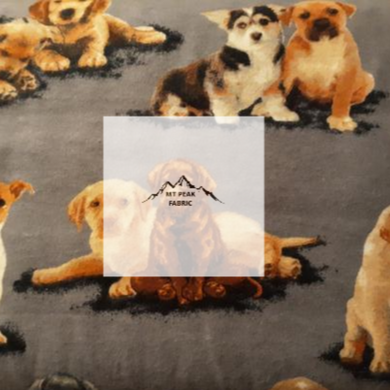 Great for any fan of Puppies. This 100% flannel/cotton fabric is perfect for quilting, apparel, and many other sewing or crafting projects. This print features adorable puppies on a grey background. Sold by the yard and half yard increments.