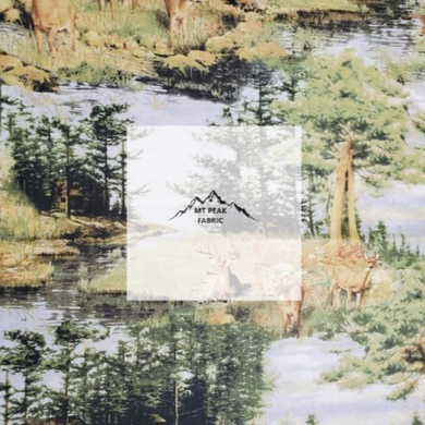Great for anyone who loves deer. This 100% cotton fabric is perfect for quilting, apparel, and many other sewing or crafting projects. This print features realistic deer standing on an island surrounded by water. Sold by the yard and half yard increments.