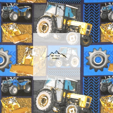 Great for anyone who loves tractors. This 100% cotton fabric is perfect for quilting, apparel, and many other sewing or crafting projects. This print features Holland tractors on a blue background. Sold by the yard and half yard increments.