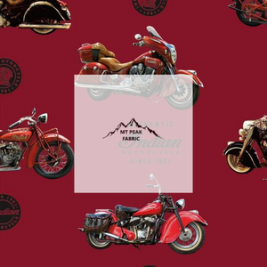 Great for any project that is motorcycle theme. This 100% cotton fabric is perfect for quilting, apparel, and many other sewing or crafting projects. This print features the Indian Motorcycles on a red background. Sold by the yard and half yard increments.