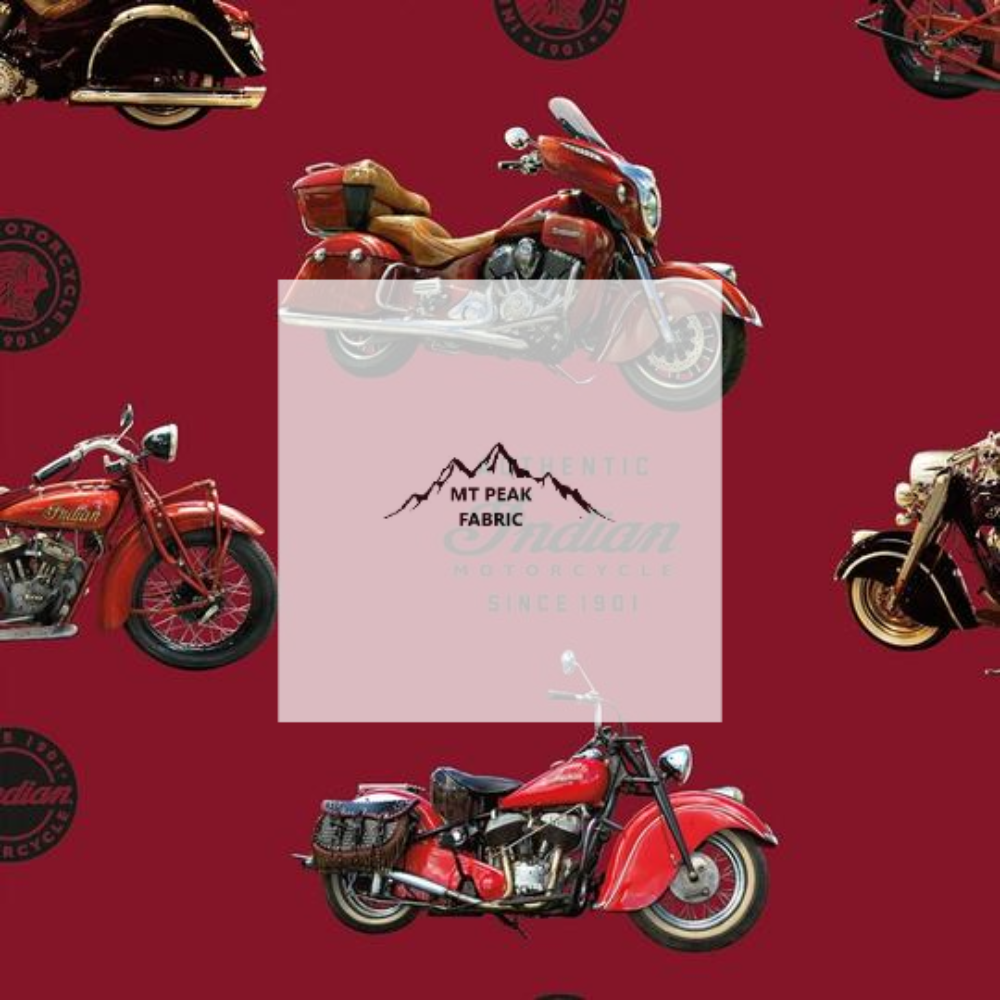 Great for any project that is motorcycle theme. This 100% cotton fabric is perfect for quilting, apparel, and many other sewing or crafting projects. This print features the Indian Motorcycles on a red background. Sold by the yard and half yard increments.