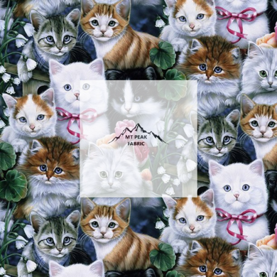 Great for any project that is kitten themed. This 100% cotton fabric is perfect for quilting, apparel, and many other sewing or crafting projects. This print features kittens  and flowers. Sold by the yard and half yard increments. 