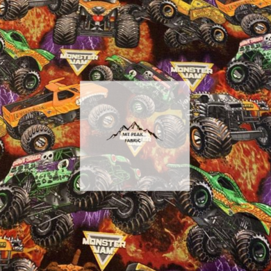 Great for any project that is monster truck themed. This 100% cotton fabric is perfect for quilting, apparel, and many other sewing or crafting projects. This print features Monster Jam trucks packed on a black and flame background. Sold by the yard and half yard increments.