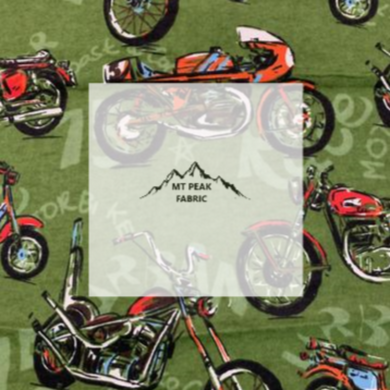 Great for any project that is motocross themed. This 100% cotton fabric is perfect for quilting, apparel, and many other sewing or crafting projects. This print features classic motorcycles on a green background. Sold by the yard and half yard increments. 