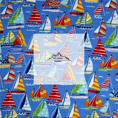 Great for any project that is sailboat themed. This 100% cotton fabric is perfect for quilting, apparel, and many other sewing or crafting projects. This print features sailboats on a blue background. Sold by the yard and half yard increments. 
