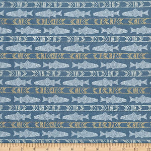 Digital Lake Escape Fish Stripe Dark Blue Cotton Fabric