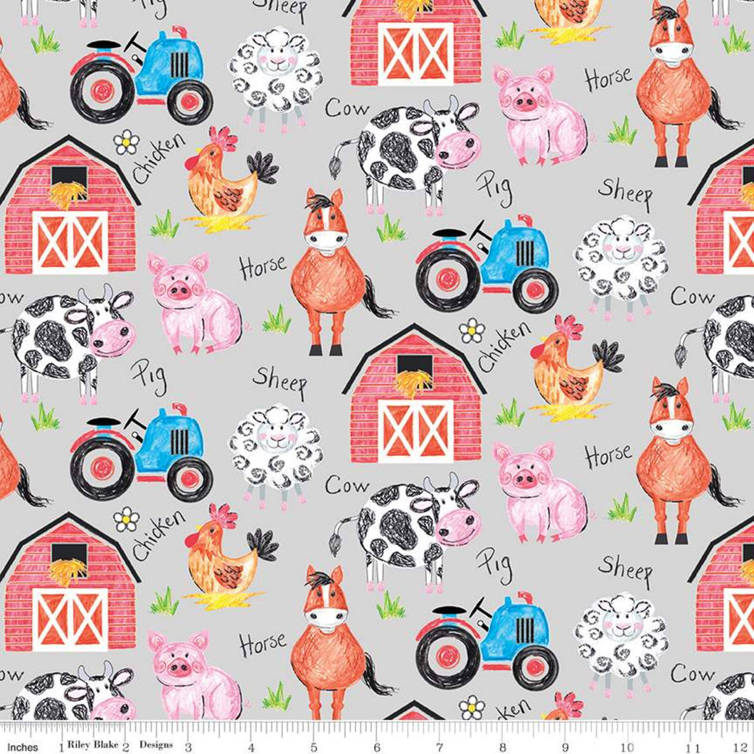 Coloring on the Farm Main Gray Cotton Fabric