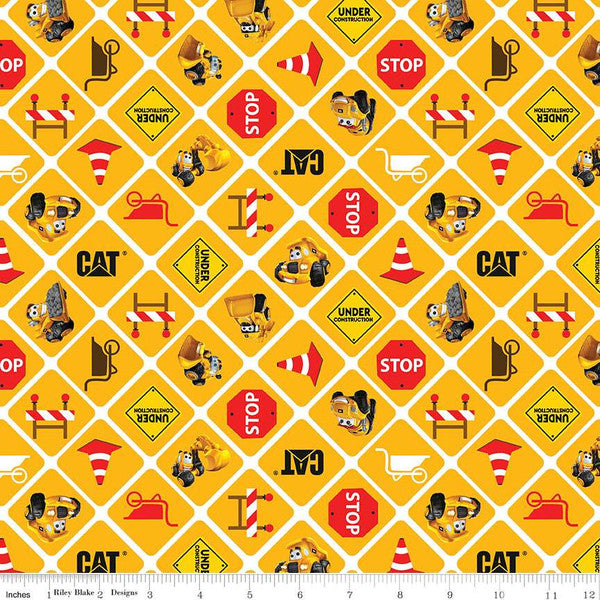 CAT® Buildin' Crew Signs Yellow Cotton Fabric