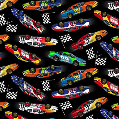 In Motion Race Cars Cotton Fabric