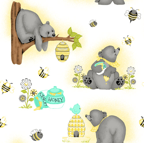 Sleeping Bears and Bees White Comfy Flannel Fabric