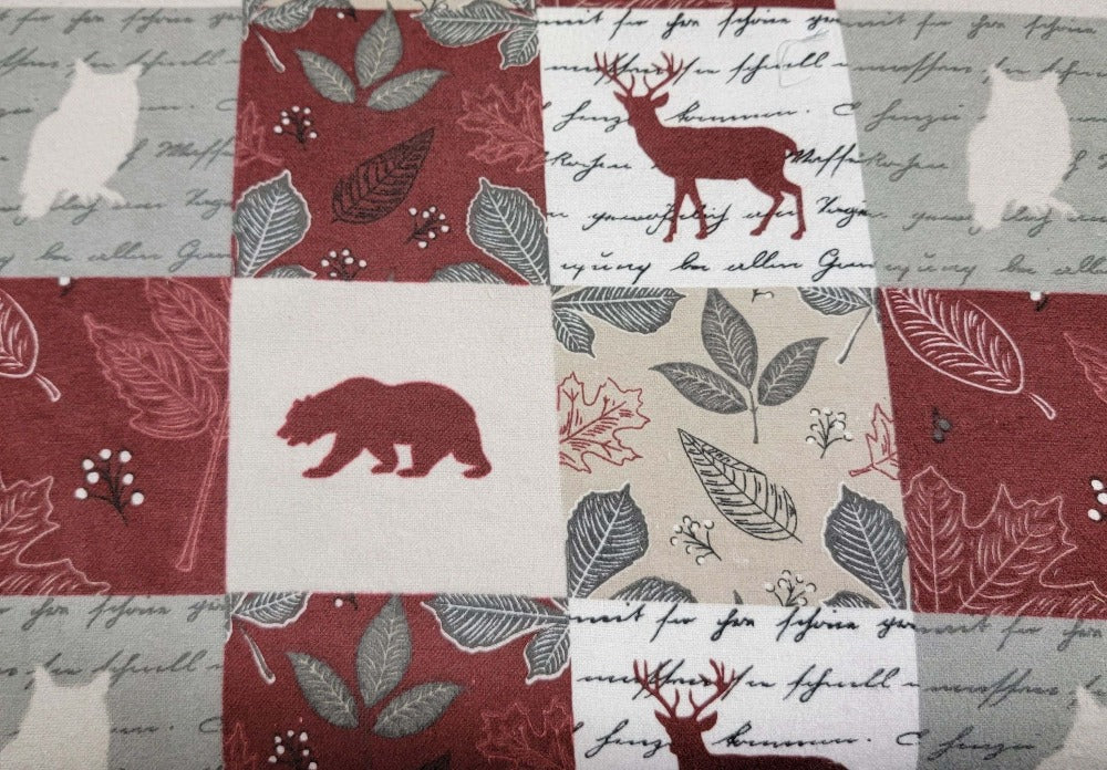 Wildlife Wood Patch Wine Flannel Fabric