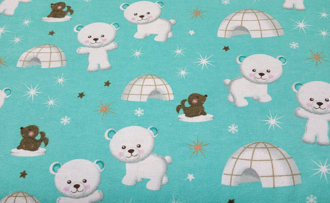 Igloo Polar Bear Mint Flannel Fabric