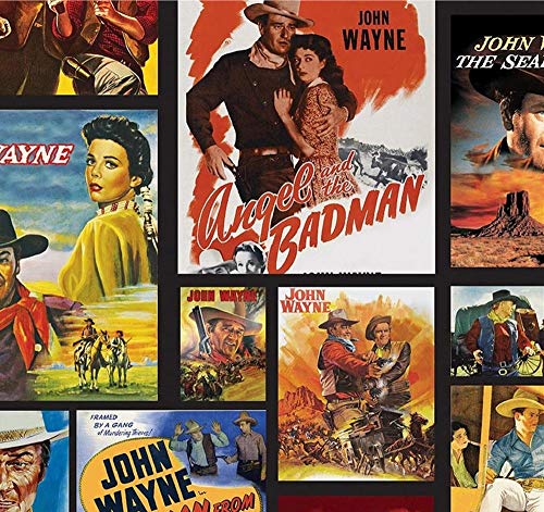 John Wayne Film Posters Black Cotton Fabric