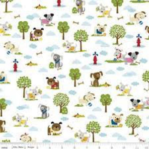 Cooper the Puppy w/Trees 43/44"W White Cotton Fabric