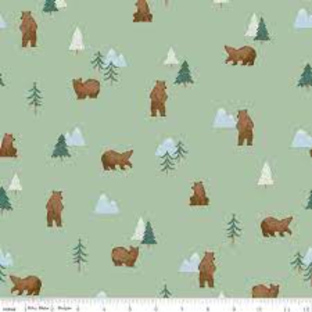 Camp Woodland Grizzly Bear Pistachio Cotton Fabric