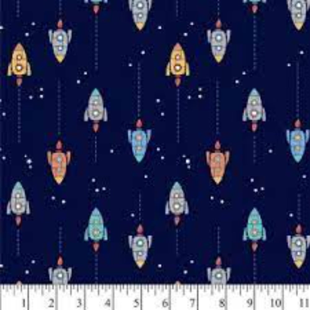 Spaceships Navy Flannel Fabric