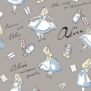 Alice in Wonderland Grey Cotton Fabric