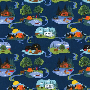 Woodland Camping Cabins Cotton Fabric
