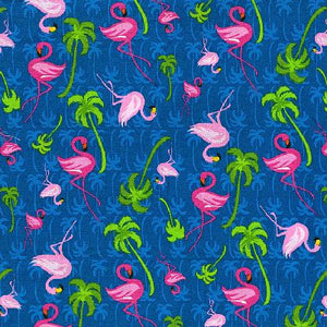 Flamingos on Blue Cotton Fabric