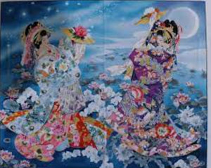 36" X 44" Panel Asian Ladies Japanese Women Kimonos Water Lilies Blue Cotton Fabric Panel
